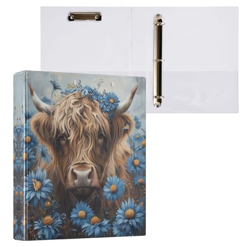 Blue Daisies Highland Cow Ordner mit 3 Ringen, 3 Ringe, langlebige Basisordner mit 3 Innentaschen, runder Ringbuch für Schulbedarf, 1 Packung von CHIFIGNO