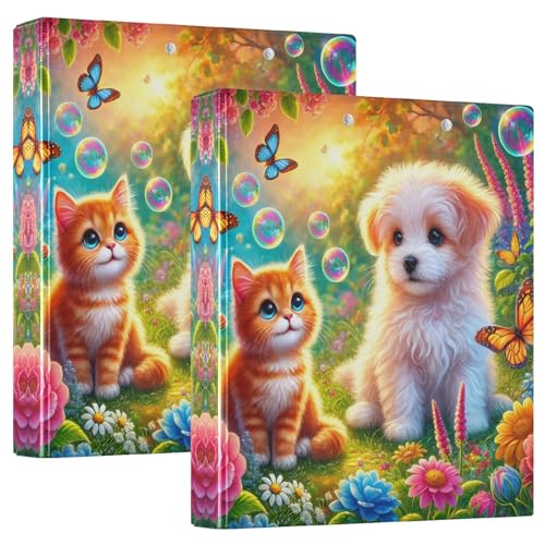 Bunte Blumen und Schmetterlinge, niedliche Katze, Hund, 3,5 cm, runder Ringordner mit 3 Ringen, für 200 Blatt, D-Ringbücher für Schulbedarf, 2 Stück von CHIFIGNO