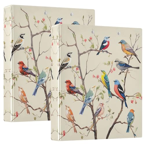 Bunte Vögel sitzen auf einem Ast, 3 Ringe, 3,8 cm, für 200 Blatt, dekoratives Drei-Ringbuch, langlebig, Basisordner für Arbeit, Schule, Büro, 2 Stück von CHIFIGNO