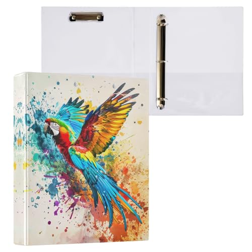 Bunter Aquarell-Papageien-Ordner, 3,5 cm, 3 Ringe mit 3 Innentaschen, dekorativ, niedlich, D-Ringbuch für Arbeit, Schule, Büro, 1 Stück von CHIFIGNO
