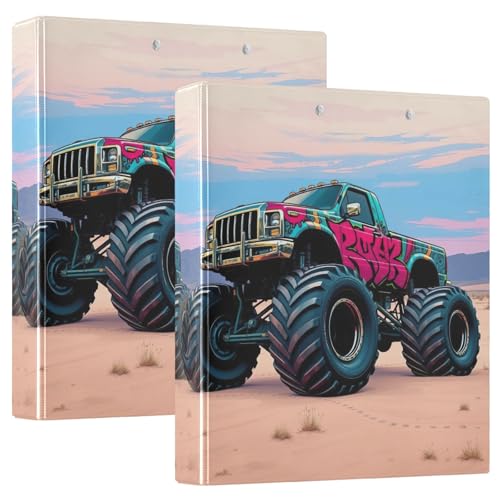 Cool Monster Truck 3-Ring-Ordner 3,8 cm mit Anti-Rutsch-Clip, dekoratives Drei-Ringbuch, Basisbuch, Notizbuch für Schule, Büro, Zuhause, 2 Stück von CHIFIGNO