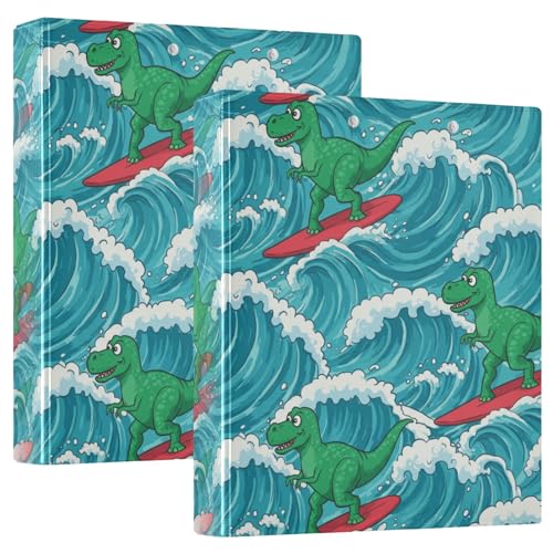 Cool Surfing Dinosaurier, blau, 3,8 cm, 3-Ringordner mit 3 Innentaschen, dekorativer niedlicher Ordner, Organizer für Schule, Büro, 2 Stück von CHIFIGNO