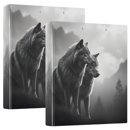 Couple Wolf in Schwarz und Weiß, 3 Ringe, 3,8 cm mit 3 Innentaschen, dekoratives süßes Drei-Ringbuch, langlebig, Basisordner für Schule, Büro, Zuhause, 2 Stück von CHIFIGNO