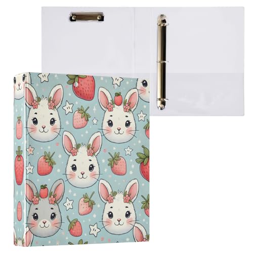 Cute Rabbits Strawberries 3 Ringbücher mit 3 Ringen, D-Ringbuch mit rutschfestem Clip, runder Ringbuch für Schule, Büro, 3,8 cm, 1 Packung von CHIFIGNO