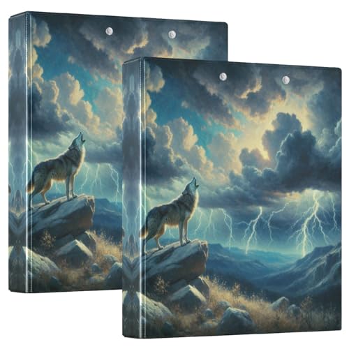 Dekoratives Drei-Ringbuch mit 3 Ringen, 3,8 cm mit 3 Innentaschen, D-Ringbuch für Schule, Bürobedarf, Wolf, Gewitter, Dunkelblau, 2 Stück von CHIFIGNO