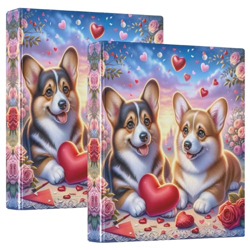 Dogs Roses Hearts Ordner mit 3 Ringen und Herzen, 3 Ringe, Notizbuch mit 3 Innentaschen, dekorativ, niedlich, 3-Ringbuch für Schule, Büro, 2 Stück von CHIFIGNO