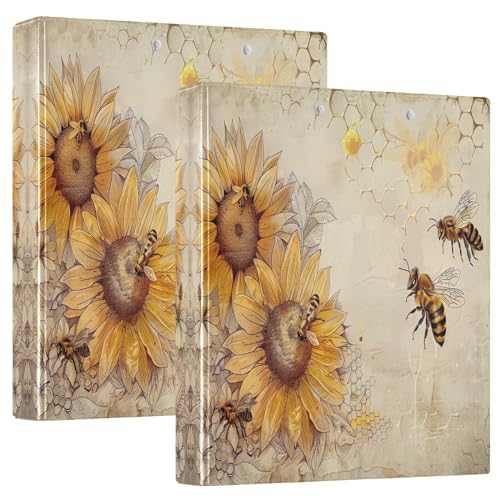 Drei-Ringbuch, dekorativ, 3,8 cm, 3-Ringbuch, hält 200 Blatt, D-Ringbuch für Schule, Büro, Vintage-Bienen und Sonnenblumen, 2 Stück von CHIFIGNO