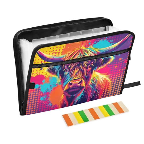 Fächermappe mit 13 Fächern, mit Reißverschluss, Pop-Art-Hochlandkuh, Akkordeon-Aktenordner für Dokumente, tragbare A4-Aktenordner mit Etiketten von CHIFIGNO