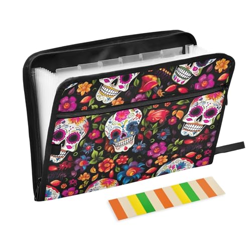 Fächermappe mit bunten Totenköpfen und Blumen, Reißverschluss, 13 Taschen, Akkordeon-Aktenordner mit Etiketten, A4, Briefgröße, Dokumenten-Organizer für Uni, Reisen, Zuhause Fächermappe mit bunten Totenköpfen und Blumen, Reißverschluss, 13 Taschen, Akkordeon-Aktenordner mit Etiketten, A4, Briefgröße, Dokumenten-Organizer für Uni, Reisen, Zuhause von CHIFIGNO