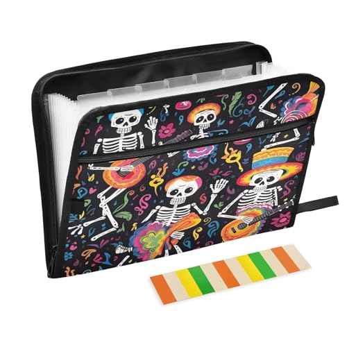 Fächermappe mit mexikanischen Skeletten, 13 Fächer, Reißverschluss, Akkordeon-Aktenordner, tragbare Aktenordner, A4-Dokumenten-Organizer mit Etiketten, Schwarz Fächermappe mit mexikanischen Skeletten, 13 Fächer, Reißverschluss, Akkordeon-Aktenordner, tragbare Aktenordner, A4-Dokumenten-Organizer mit Etiketten, Schwarz von CHIFIGNO