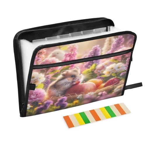 Fächermappe mit niedlichem Hamster, Hortensien, 13 Taschen, Akkordeon-Aktenordner mit Etiketten, tragbare Aktenordner mit Reißverschluss, A4, Briefgröße, Dokumenten-Organizer von CHIFIGNO