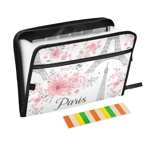 Fächermappe mit niedlichen rosa Blumen, Eiffelturm, weiß, 13 Fächer, Reißverschluss, Akkordeon-Aktenordner, tragbare Aktenordner, A4-Dokumenten-Organizer mit Etiketten Fächermappe mit niedlichen rosa Blumen, Eiffelturm, weiß, 13 Fächer, Reißverschluss, Akkordeon-Aktenordner, tragbare Aktenordner, A4-Dokumenten-Organizer mit Etiketten von CHIFIGNO