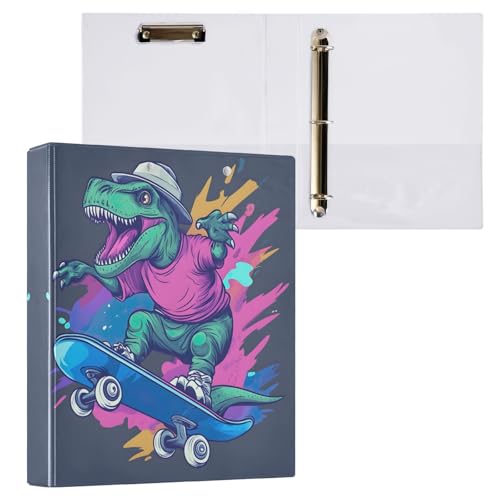 Funny Skateboarding Dinosaurier, 3,8 cm, 3-Ringbuch, dekoratives Drei-Ringbuch mit Anti-Rutsch-Clip, vielseitige Ordner für Schulbedarf, 1 Packung von CHIFIGNO