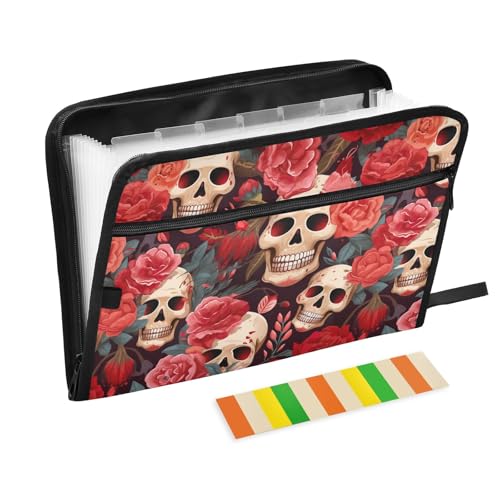Funny Skulls Akkordeon-Aktenordner mit 13 Fächern, mit Reißverschluss, Fächermappe, A4-Aktenordner, tragbarer Dokumenten-Organizer mit Etiketten von CHIFIGNO