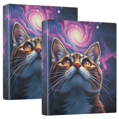 Galaxy Cat Ordner mit 3 Ringen, 3,8 cm (1 1/2 Zoll) mit 3 Innentaschen, Drei-Ringbuch, dekorativer Ordner, Organizer für Schule, Büro, 2 Stück von CHIFIGNO