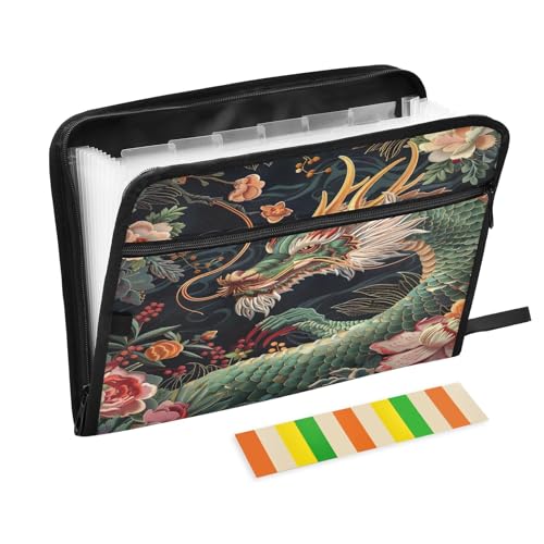 Green Dragon Akkordeon-Aktenordner mit Reißverschluss, 13 Fächer, Fächermappe mit Etiketten, A4, Briefform, für Schule, Büro, Klassenzimmer von CHIFIGNO