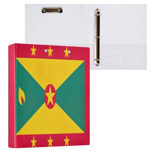 Grenadische Flagge, patriotisches Symbol, 3,8 cm, 3-Ringbuch, runder Ringordner mit 3 Innentaschen, D-Ringbuch für Schulbedarf, 1 Packung von CHIFIGNO