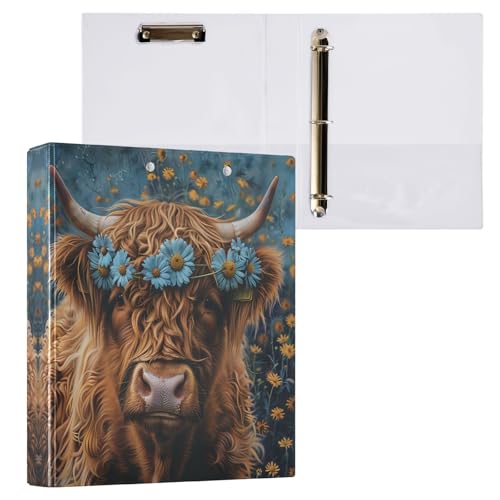 Highland Cow Blue Daisies 3-Ringbuch, 3 Ringordner, Organizer mit rutschfestem Clip, dekorativ, niedlich, 3 Ringordner für Arbeit, Schule, Büro, 1 Stück Highland Cow Blue Daisies 3-Ringbuch, 3 Ringordner, Organizer mit rutschfestem Clip, dekorativ, niedlich, 3 Ringordner für Arbeit, Schule, Büro, 1 Stück von CHIFIGNO