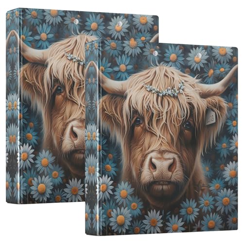 Highland Cow Blue Daisy Flowers 3,5 cm Ordner mit 3 Ringen für 200 Blatt, runder Ringordner für Schule, Büro, Zuhause, 2 Stück von CHIFIGNO