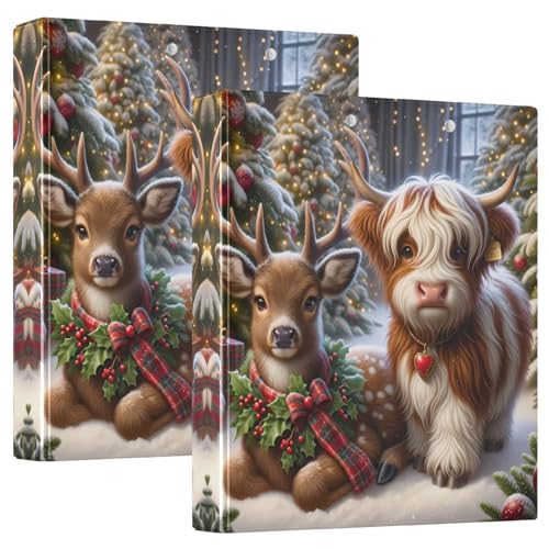 Highland Cow Deer Christmas 3-Ringbuch, 3,8 cm, Basic Binder Notizbuch für 200 Blatt, dekoratives süßes Drei-Ringbuch für Schulbedarf, 2 Stück von CHIFIGNO