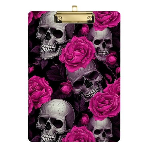 Klemmbrett mit Totenköpfen mit rosa Rosen, Schreibtafel, schickes Design, Klemmbrett mit niedrigem Profil, Metallclip für Damen und Herren, Bürobedarf, 31,8 x 22,9 cm, silberfarbener Clip Klemmbrett mit Totenköpfen mit rosa Rosen, Schreibtafel, schickes Design, Klemmbrett mit niedrigem Profil, Metallclip für Damen und Herren, Bürobedarf, 31,8 x 22,9 cm, silberfarbener Clip von CHIFIGNO