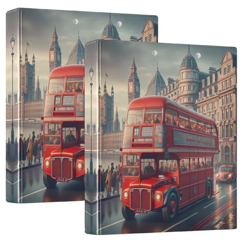 London Red Bus 3,8 cm Ordner mit 3 Ringen, dekorativer Drei-Ringordner mit 3 Innentaschen, Notizbuchordner für Schule, Bürobedarf, 2 Stück von CHIFIGNO