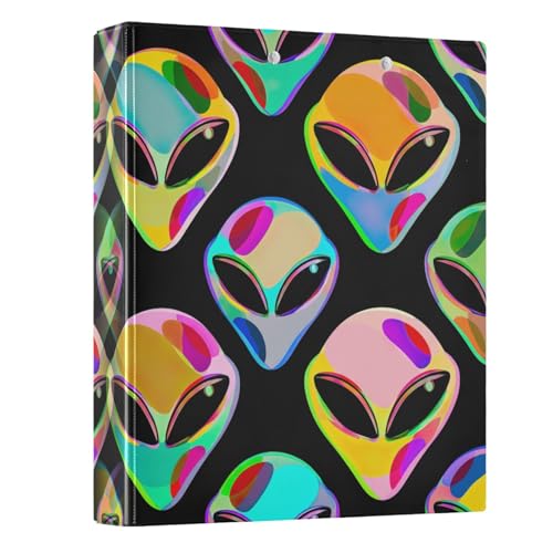 Lustige, bunte Alienköpfe, schwarz, 3 Ringe, 3,8 cm (1 1/2 Zoll) mit 3 Innentaschen, dekoratives Drei-Ringbuch für Schule, Büro, Zuhause, 1 Stück von CHIFIGNO