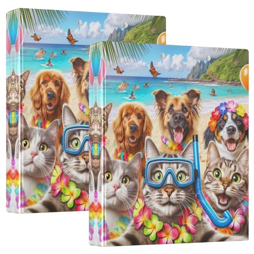 Lustige hawaiianische Katzen Hunde 3,8 cm Ordner 3 Ringe mit 3 Innentaschen, runder Ringbuch, Basisbuch, Notizbuch für Arbeit, Schule, Büro, 2 Stück von CHIFIGNO