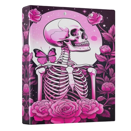 Lustiges Skelett rosa Rosen 3 Ringbücher 3,8 cm dekorativer niedlicher Ordner mit 3 Innentaschen, langlebige Basisordner für Arbeit, Schule, Büro, 1 Packung von CHIFIGNO