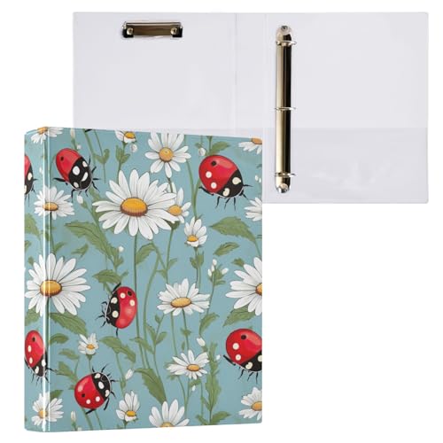 Marienkäfer mit Gänseblümchen und Blättern, 3-Ringbuch, 3,8 cm, runder Ringordner mit rutschfestem Metallclip, Notizbuch, Ordner für Schule, Büro, Zuhause, 1 Stück von CHIFIGNO