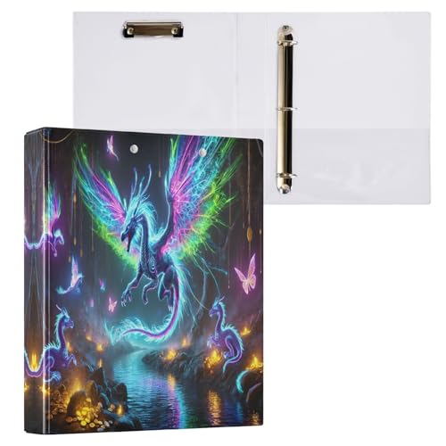 Neon Dragons Ringbuch mit 3 Ringen, 3,8 cm mit rutschfestem Clip, dekoratives Drei-Ringbuch, D-Ringbuch für Schulbedarf, 1 Packung von CHIFIGNO