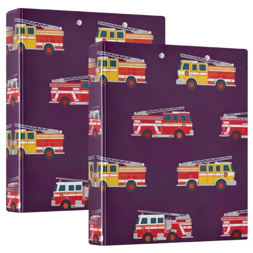 Niedliche Cartoon-Feuerwehrautos, violett, 3 Ringordner, 3,8 cm mit 3 Innentaschen, dekorativer Drei-Ringbuch, vielseitiger Ordner für Schule, Büro, 2 Stück von CHIFIGNO