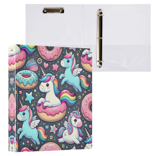 Niedliche Einhorn-Donuts, 3,8 cm, 3-Ringbuch, Basis-Notizbuch mit 3 Innentaschen, dekoratives Drei-Ringbuch für Schule, Bürobedarf, 1 Packung von CHIFIGNO