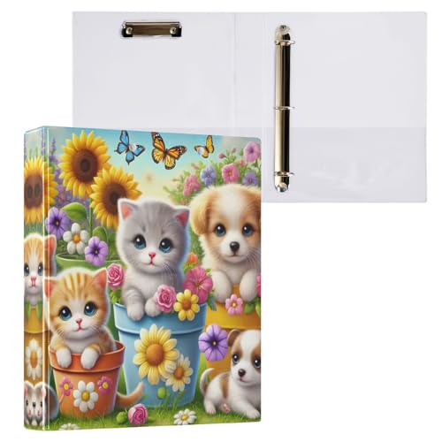 Niedliche Katze Hund bunte Blumen Schmetterlinge 3 Ringbücher 3,8 cm mit 3 Innentaschen, drei Ringordner, dekoratives Notizbuch für Arbeit, Schule, Büro, 1 Packung von CHIFIGNO