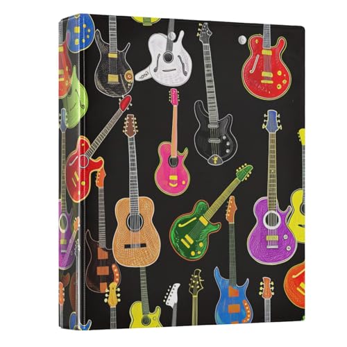 Niedliche bunte Gitarren, schwarz, 3,8 cm, 3-Ringordner, langlebige Basisordner mit 3 Innentaschen, niedlicher Ordner mit drei Ringen, für Schule, Büro, Zuhause, 1 Stück von CHIFIGNO