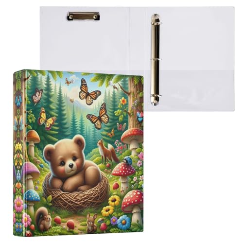 Niedlicher Bär, Schmetterlinge, Pilze, 3,5 cm, 3 Ringe mit 3 Innentaschen, Drei-Ringbuch, dekoratives Notizbuch, Ordner für Schulbedarf, 1 Packung von CHIFIGNO