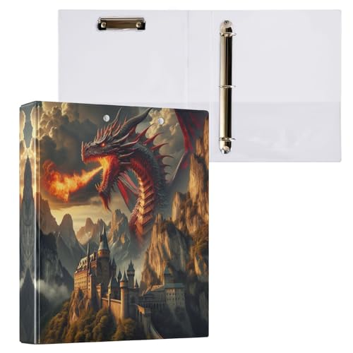Niedlicher Ordner mit drei Ringen, 3,8 cm, 3 Ringordner mit 3 Innentaschen, einfacher Ordner, Organizer für Schule, Büro, Drache und Schloss, 1 Stück von CHIFIGNO
