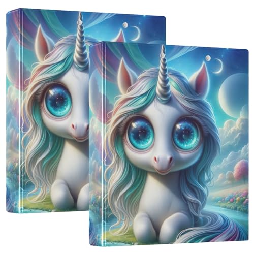 Niedliches Einhorn-Notizbuch mit 3 Ringen, 3,8 cm, mit rutschfestem Clip, Drei-Ringbuch, dekoratives Basisbuch, Notizbuch für Schule, Büro, Zuhause, 2 Stück von CHIFIGNO