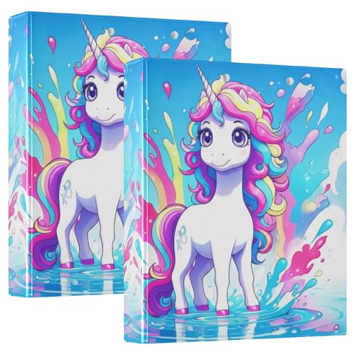 Niedliches Einhorn-Regenbogenblau, 3,8 cm, 3-Ringbücher mit rutschfestem Clip, dekorativer D-Ringordner für Arbeit, Schule, Büro, 2 Stück von CHIFIGNO