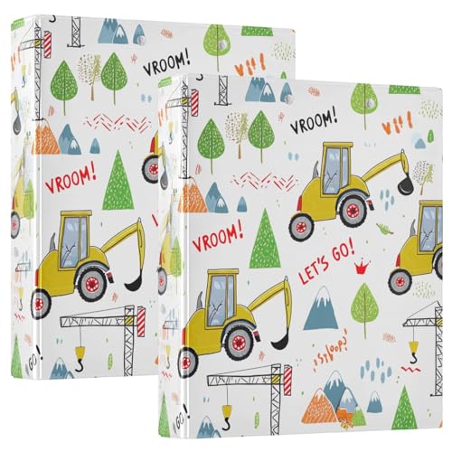 Niedliches Ringbuch mit drei Ringen, 3,8 cm, mit 3 Innentaschen, einfacher Ordner-Organizer für Schule, Büro, Zuhause, niedliche Baufahrzeuge, Traktoren, Weiß, 2 Stück von CHIFIGNO