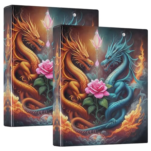 Ordner, orange-blaue Drachen, rosa Blumen, 3,5 cm, 3 Ringe mit 3 Innentaschen, dekorativer niedlicher Drei-Ringbuch, vielseitiger Ordner für Schulbedarf, 2 Stück von CHIFIGNO