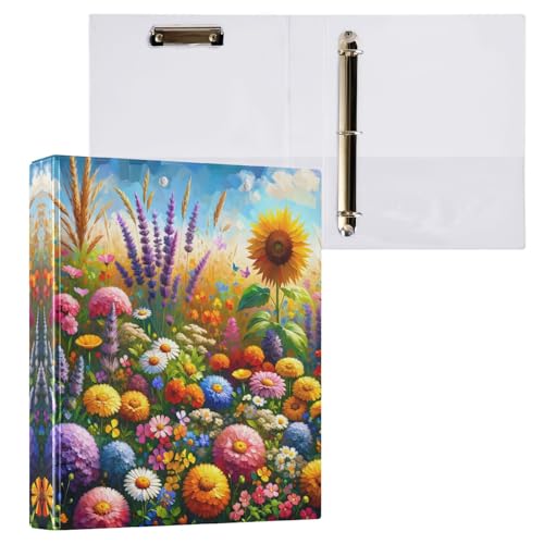 Ordner mit 3 Ringen, 3,8 cm, lebendiges Feld, Sonnenblumen, Lavendel, dekoratives Drei-Ringbuch mit 3 Innentaschen, langlebige Basisordner für Schulbedarf, 1 Packung von CHIFIGNO