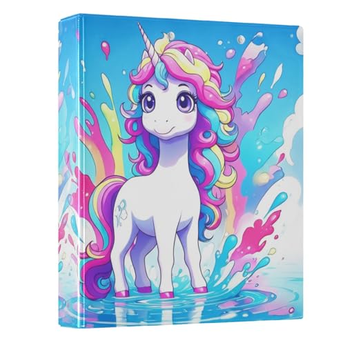 Ordner mit 3 Ringen, 3,8 cm, niedliches Einhorn-Regenbogenblau, dekorativer Drei-Ringordner mit 3 Innentaschen, einfacher Ordner-Organizer für Schule, Büro, Zuhause, 1 Stück von CHIFIGNO
