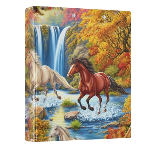 Ordner mit Wasserfall-Pferden, 3,5 cm, 3 Ringe, einfacher Ordner-Organizer mit 3 Innentaschen, dekoratives Drei-Ringbuch für Schulbedarf, 1 Packung von CHIFIGNO