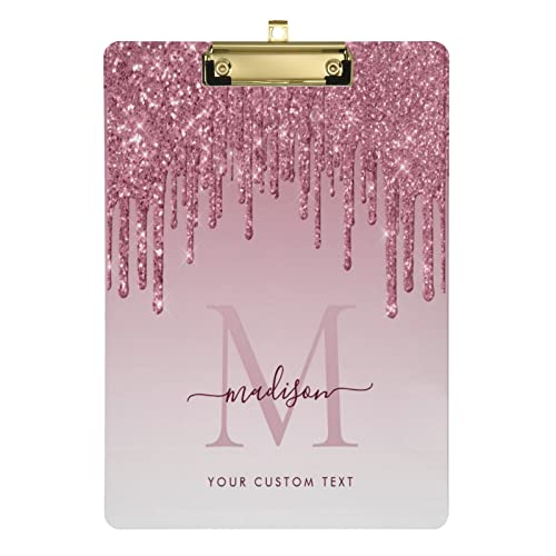 Personalisiertes rosa Glitzer-Acryl-Klemmbrett, A4, Briefformat, Hartfaserplatte mit Text-Logo, für Büros, Schule, Klassenzimmer, 22,9 x 31,8 cm, mit niedrigem Profil-Metallclip von CHIFIGNO