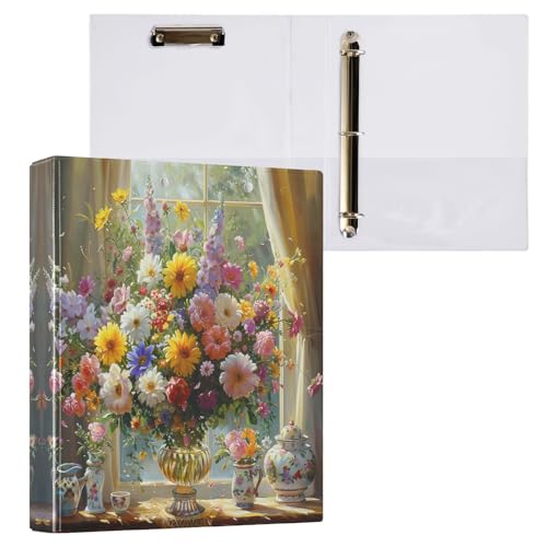Retro-Blumen-Bouquet, bunte Blumen, 3 Ringordner, 3,8 cm, mit 3 Innentaschen, dekoratives Notizbuch für Schulbedarf, 1 Stück von CHIFIGNO
