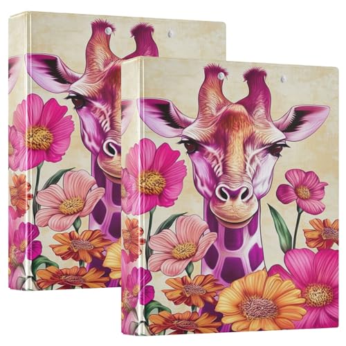 Ringbuch mit 3,8 cm (1 1/2 Zoll), 3 Ringe, 2 Stück, lustige Giraffe, bunte Blumen, runder Ringordner mit rutschfestem Clip, vielseitige Ordner für Schulbedarf von CHIFIGNO