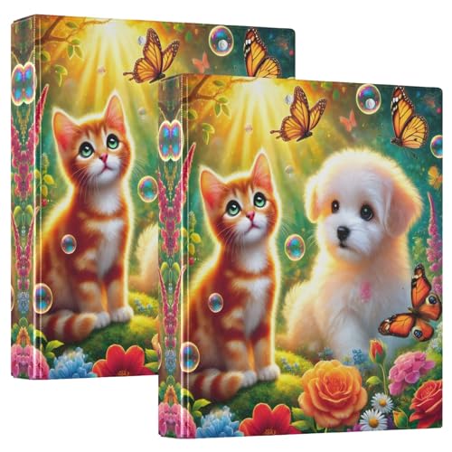 Ringbuch mit 3 Ringbüchern mit niedlichem Katzen- und Hund, bunt, Blumen, Schmetterlinge, 3,8 cm, einfacher Ordner-Organizer mit 3 Innentaschen, dekorativ, niedliches Drei-Ringbuch für Schulbedarf, 2 von CHIFIGNO