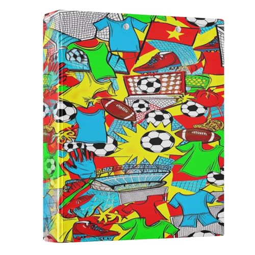 Ringbuch mit 3 Ringen, 3,5 cm, helle Cartoon-Fußbälle, runder Ringordner mit rutschfestem Clip, langlebige Basisordner für Schulbedarf, 1 Packung von CHIFIGNO