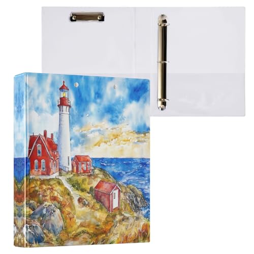 Ringbuch mit 3 Ringen, 3,8 cm, Aquarell-Leuchtturm, rund, hält 200 Blatt, Notizbuchordner für Schule, Bürobedarf, 1 Packung von CHIFIGNO